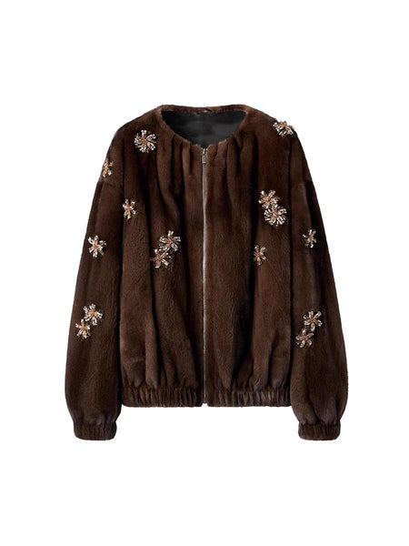 Winter Elegant Thick Warm Soft Brown Short Faux Mink Fur Coat Women Beading Loose Stylish Chic Fluffy Jacket