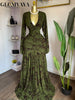 Women Floral Velvet Long Sleeve Wrap V-neck Stacked Ruched Mermaid Maxi Dress Birthday Holiday Long Dresses Vestidos