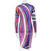 Women's Colorful Stripes Print O-Neck Long Sleeve Waistband Hips Wrapped Dress