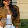 Elegant Full Sleeve Short Jacket Women Chic Zipper O-neck Shoulder-padded Blazer Coat Female Solid Coats Lady