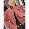 Women's Pink Corduroy Pu Leather Collar Cropped Jacket Long Sleeve Zipper Coat All-match Spring Autumn Outfit