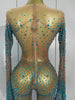 Sparkly Rhinestones Sexy Mesh See Through Bodycon Jumpsuit Women Birthday Gown Women Bar Nightclub Dancer Stage Outfit
