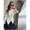 Pleated Waist Cinching Blazer Coat Women Chic Deep V-neck Full-sleeve Single Breasted Slim Coats Lady Commute Jacket