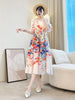 Elegant Plant Floral Printing Pleated Women's Dress Chic Round Collar Lantern Sleeve Elastic Loose Casual Dresses