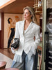 One Button Lace Blazer Women Black Slim V-neck Full Sleeve Shoulder Pads Jacket Fall Office Lady All-match Outwear