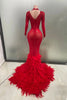 Yiling Sparkling Red Crystal Feather Mermaid Long Sleeve Long Dress Women's Formal Occasion Wedding Celebration Party