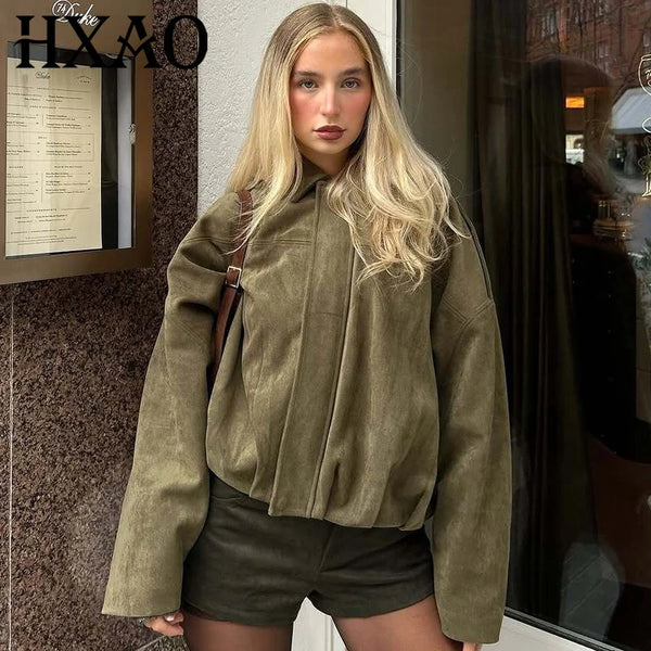Suede Jacket Woman Green Khaki Outerwears Women's Jacket Spring Crop Oversize Long Sleeve Coats Jacket