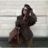 Solid Single Breasted Suede Short Jacket Women Full Sleeve Buckle Lapel Slim Shoulder Pad Coat Lady High Street Wear