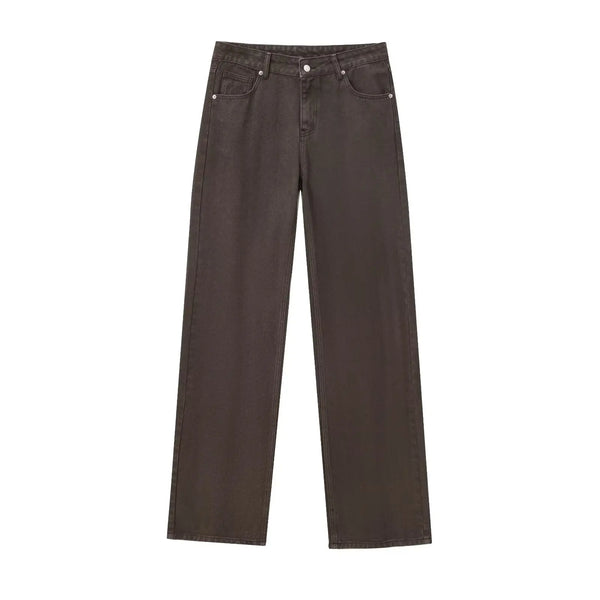 Woman Clothes Commuting Mom Jeans Minimalist Retro Brown Washed Denim Pants Medium Waist Straight Jeans Women