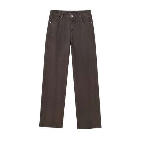 Woman Clothes Commuting Mom Jeans Minimalist Retro Brown Washed Denim Pants Medium Waist Straight Jeans Women