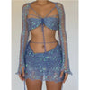 Three Pieces Sweater Dresses Sets For Women Party Sequins Hollow Out Knitted Dress Long Sleeve Crop Top and Bra and Skirts