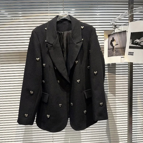 Metal Heart Rivet Black Jackets Y2K Aesthetic Notched Collar Coat Women Blazers Autumn Loose Long Sleeve Tops Mujer