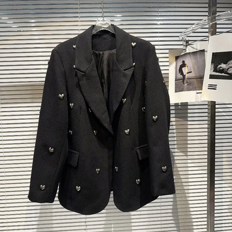 Metal Heart Rivet Black Jackets Y2K Aesthetic Notched Collar Coat Women Blazers Autumn Loose Long Sleeve Tops Mujer