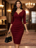 Women Vintage 2/3 Sleeve Deep V-Neck Ruched Slim Knee Length Cocktail Party Wrap Sheath Bodycon Pencil Dress