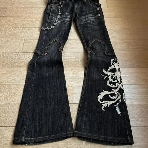 Y2K Micro La Retro Wide Jeans Leg Pants High Waist Harajuku Loose Embroidered Women Jeans with Rock Punk Style