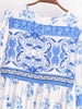 Boho White Blue Totem Print Bow Lacing up Neck Long Straight Dress Women Viscose Cotton Full Sleeve Maxi Robe Holiday