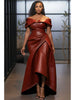 Elegant Off Shoulder Faux Leather Formal Dress Women Burgundy Pleated Wrap High Low Bodycon Plus Size Dress For Cocktail