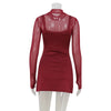 Sexy Women's Burgundy Mini Dress Turtleneck Transparent Long Sleeve A-line Short Dresses Evening Party Prom Cocktai