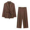 Spring Office Lady Elegant Brown Women Suit Casual Sashes Oversized Shrug Blazer Chic Zipper Long Pant