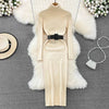Elegant Turtleneck Long Sleeve Knit Soft Tight Pencil Dress with Belt Slim Warm Sweater Vestido Sexy Women Winter Robe