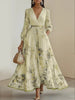 Women's Pleated Dress Spring Autumn Florat Printed Deep V-neck Long-sleeved Maxi Elegant Party Dresses For Women