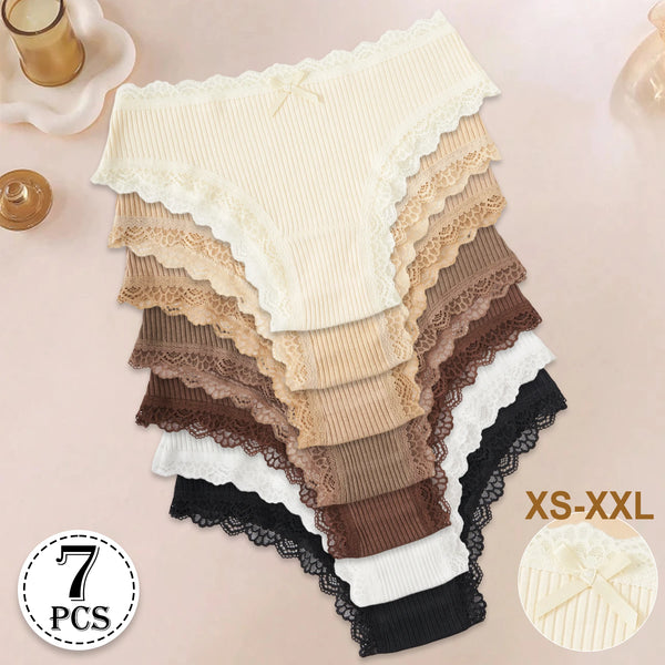 7PCS Cotton Women's Underwear Solid Color Comfortable Breathable Panties Low-Rise Lace Trim Sexy Briefs Daily Sports