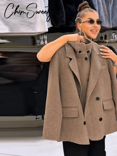 Solid Women's Vest Woolen Coat Full Sleeve Lapel Pocket Double-Breasted Lady Set Autumn Chic 2 Pieces Set Women
