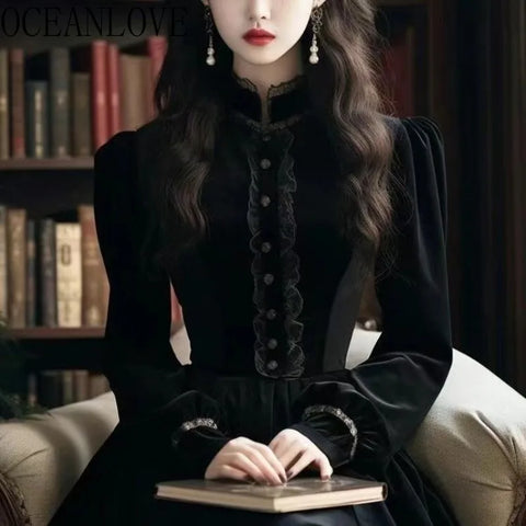 French Style Velvet Long Dresses Black Autumn Winter Vintage Vestidos Mujer Stand Collar Solid Elegant Women Dress