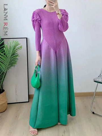 Maxi Gradient Pleated Dress For Women Round Neck Long Ruffles Sleeves High Waist A-line Dresses Elegant 2AA1157