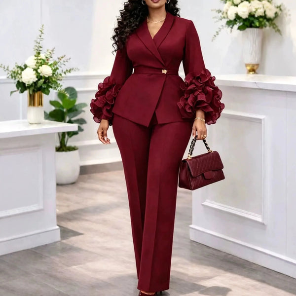 Women Two Piece Suit Notched Lapel Ruffle Flare Long Sleeve Blazer High Waist Straight Leg Pants Office Business Church Autumn