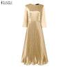 Womens Elegant Satin Silk Party Dresses O-Neck 3/4 Sleeve A-Line Long Pleated Dress Solid Color Guest Evening Robe Femme