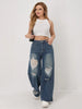 Wide Leg Distressed Straight Jeans for Women Elastic Casual Bootcut Denim Pants Ladies Jeans