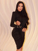 Elegant Hollow Dress Women Turtleneck Ruched Patchwork Full Sleeve Irregular Hem Skinny Stretch Party Club Bodycon