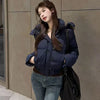 Korean Fur Collar Hooded Parkas Ladies Design Cropped Cotton Padded Winter Jacket Female Blue Casual Warm Parka Coats