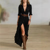 Vintage Solid Single Breasted Slit Long Dresses Women Lapel Belted Slim Pleated Long Sleeve Bohemian Irregular Maxi Dress