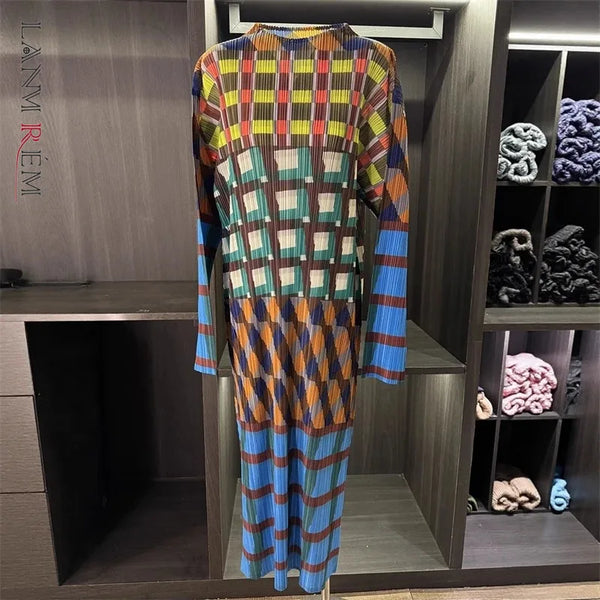 Color-blocking Printed Round Neck Pullover Women's Dress Casual Long Sleeve Mid-length Dresses 2DB4686