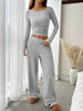 Women's Solid-Color Ribbed Loose-Fit Crew-Neck Top and Pocketed Wide-Leg Pants Set