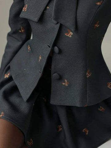 Embroidery Lace Up Bow Suit Jacket Short Skirt Suits Women Elegant Long Sleeve Waist Cinching Coats High Waist Skirts Outfit