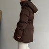 Winter Casual Lace-up Waisted Hooded Mid-Length Jacket For Women Solid Color Thickened Cotton Coat 1A1207