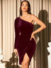 Asymmetric One Shoulder Velvet Dress Women's Elegant Party Bodycon Midi Evening Gown