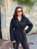 Women Black Belted Double Breasted Coat High Neck Long Sleeve Tailored Fit Elegant Jacket Winter Office Casual Outerwears