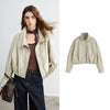 Women Slub Cotton Jackets Spring Cropped Tulip Silhouette Striped Cuff - Turn Up Stand Collar Tops