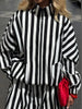 Vertical Stripe Two Piece Outfit Stand Collar Zip Up Jacket Elastic Waist Wide Leg Pants Loose Women Casual High Street Set