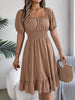 Solid Puff Sleeve Square Neck Ruched Bust Ruffle Hem Wasit Dress, Women's Clothing