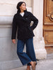 Women Black Belted Double Breasted Coat High Neck Long Sleeve Tailored Fit Elegant Jacket Winter Office Casual Outerwears