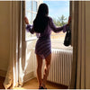 Women Chic Vacation Outfits Striped Print Sheer Chiffon Shirt Casual Turn-down Collar Mini Dress & Detachable Scarf