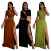 Women O-neck High Split Ruched Bodycon Midi Maxi Dress Fall Street Evening Party Club Vestidos Sexy Long Dresses