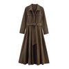 Women With Belt Solid Single Breasted Midi Dress Vintage Lapel Neck Long Sleeves Female Chic Lady Dresses