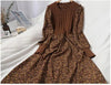 Autumn Winter Korean Patchwork Bandage Long Sleeved Knitted Dress Women's Slim Sweet Corduroy Flower Dresses