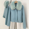 Winter Outerwear Women Cropped 100% Pure Wool Jacket Oversized Real Fox Fur Collar Zip Up Short Wool Coat Female